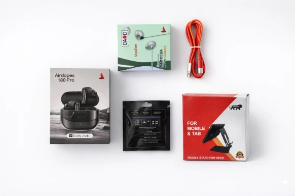 5in1 Combo. OG Boat180Pro Buds, Metal Mobile Stand, FastCharging 65w Type-c Data, FingerSliper 5pcs, Boat Metal Headphone